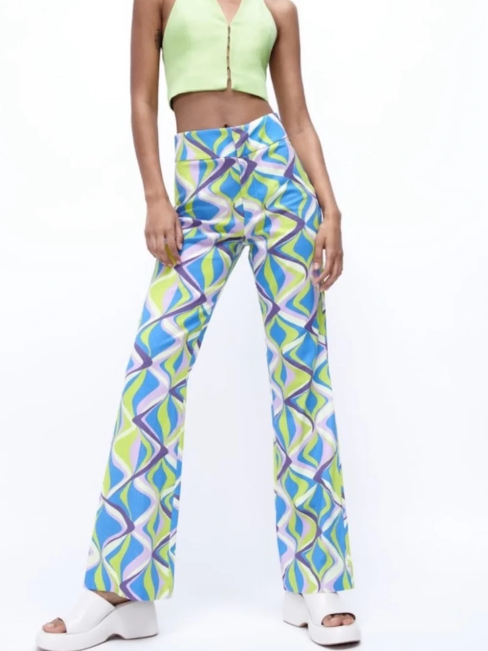 Zara Linen Blend Flared High Rise Pants Multicolor Geometric Print Sz Med